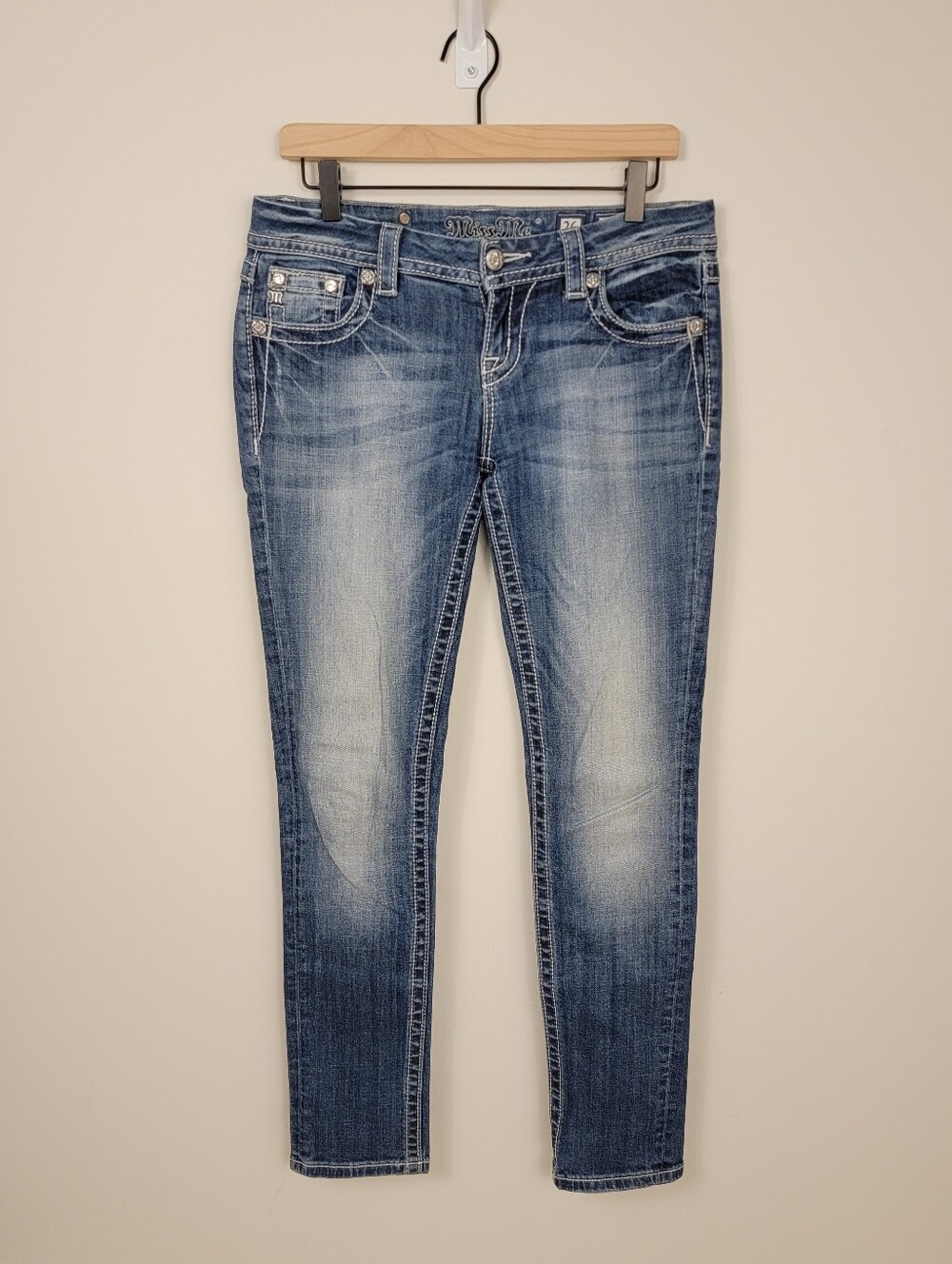 Miss Me Easy Skinny Jeans Sequin Rhinestone Flap Pocket Medium Wash 26